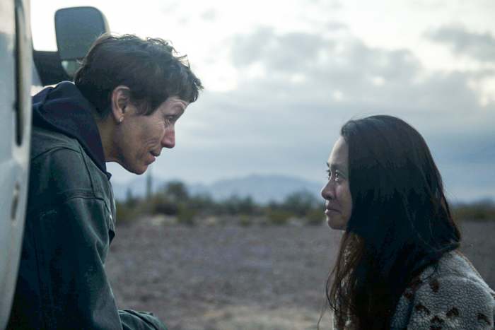 Actress Frances McDormand (left) and director Chloé Zhao (right) both are nominated for Oscars for their work on Nomadland, which is the favorite to win Best Picture at the 93rd Academy Awards on Sunday night.
